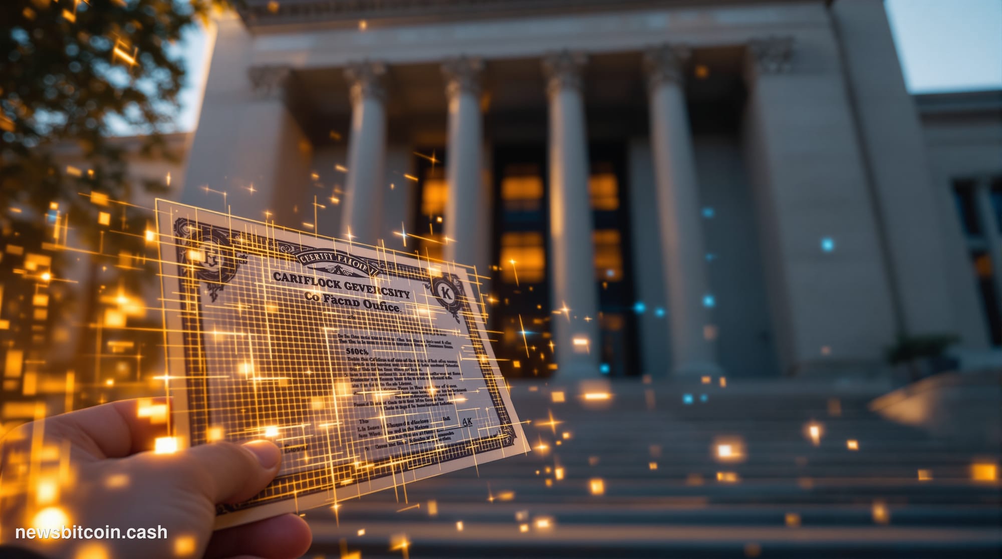 A cinematic photorealistic editorial photograph of the SEC headquarters building in Washington D.C. — the brutalist stone fac