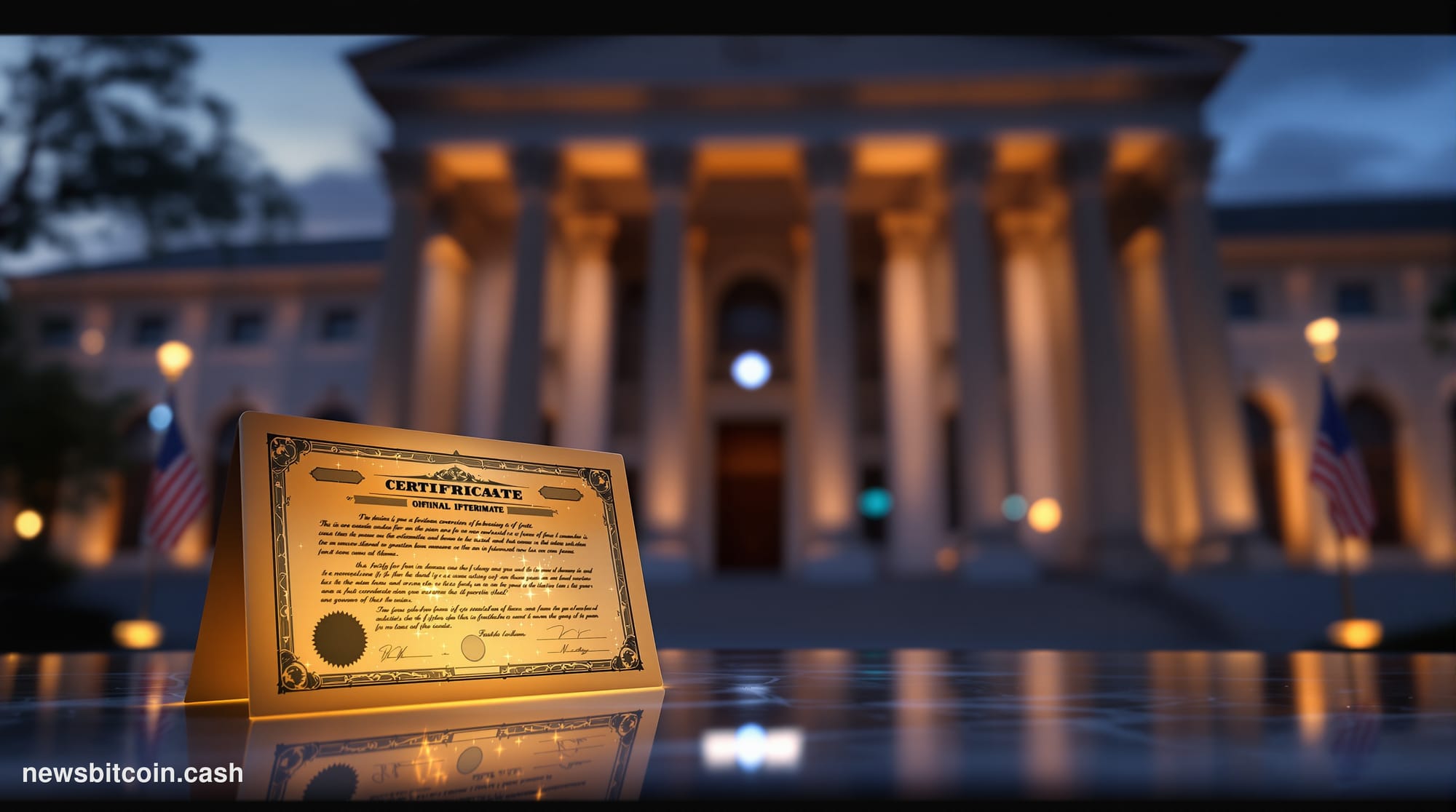 Cinematic photorealistic editorial photograph of the SEC headquarters in Washington D.C. — the neoclassical facade of 100 F S