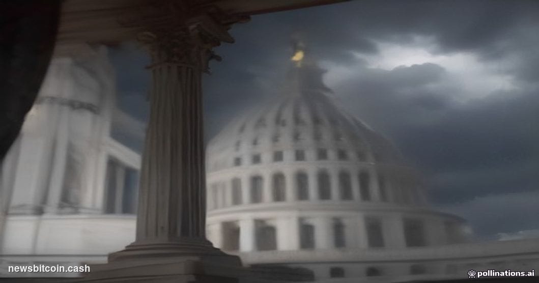 A cinematic photorealistic editorial photograph shot at dusk from a low angle looking up at the United States Capitol dome in