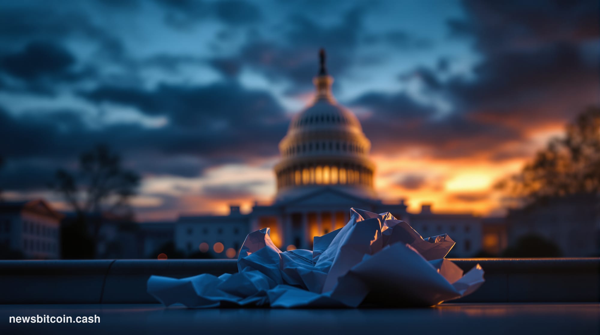 A cinematic photorealistic editorial photograph of the United States Capitol building at dusk, shot from a low angle with the