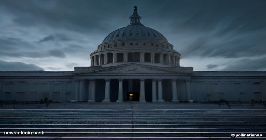 A cinematic photorealistic editorial photograph of the United States Senate chamber exterior at dusk, shot from a low angle l