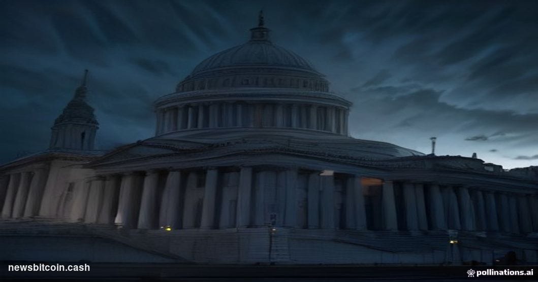 Cinematic photorealistic editorial photograph of the United States Senate chamber exterior at dusk, the neoclassical Capitol 