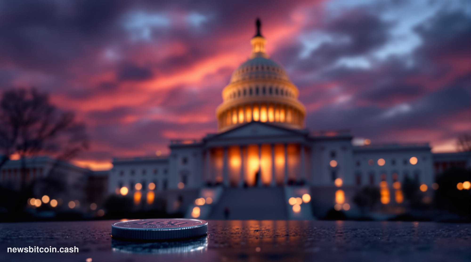 Cinematic photorealistic editorial photograph of the United States Capitol building at dusk, shot from a low angle with drama