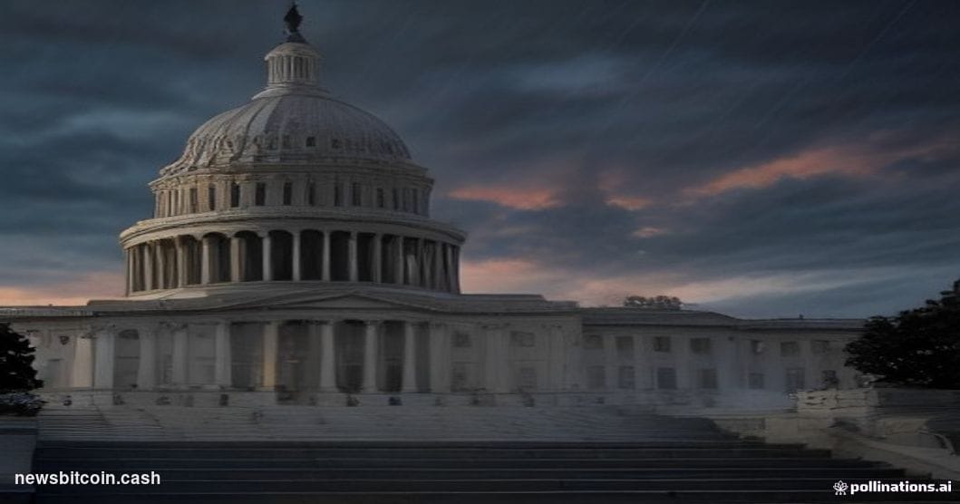 Cinematic photorealistic editorial photograph of the United States Capitol building at dusk, shot from a low angle looking up