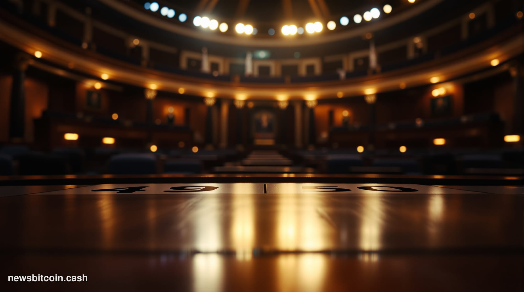 A cinematic photorealistic editorial photograph of the United States Senate chamber interior, shot from a low angle looking u
