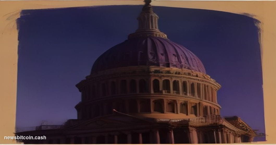 A cinematic photorealistic editorial photograph of the United States Capitol building at dusk, shot from a low angle looking 
