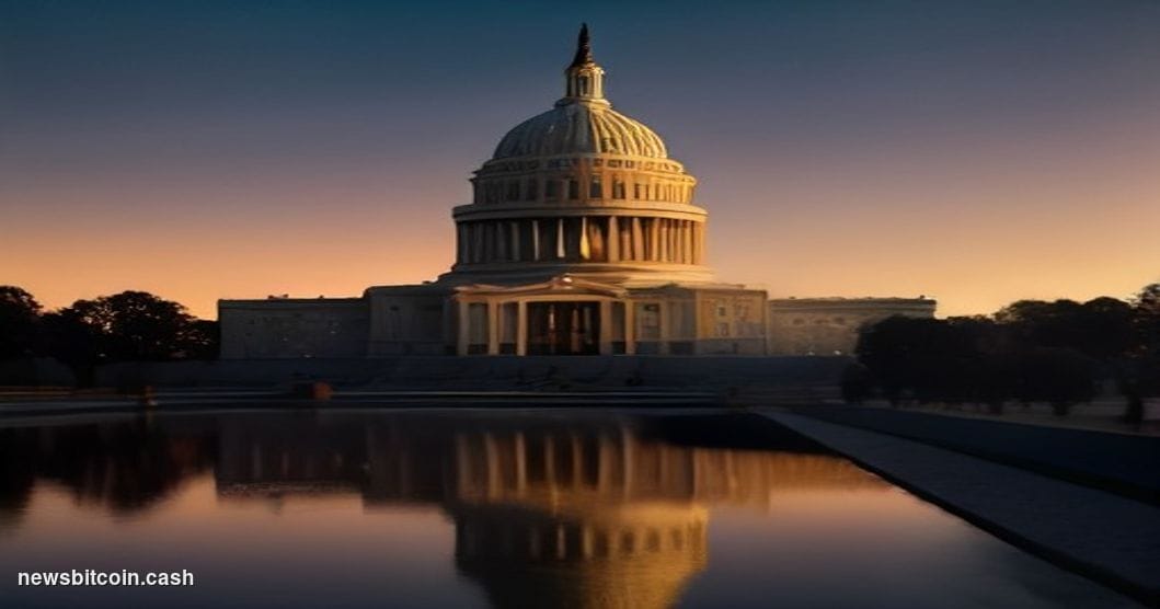 Cinematic photorealistic editorial photograph of the United States Capitol building at dusk, shot from a low angle looking up