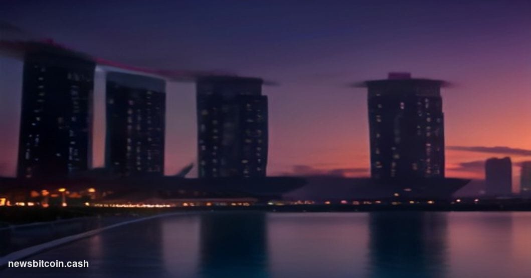 Cinematic photorealistic editorial photograph of Marina Bay Sands in Singapore at dusk, shot from a low angle across the wate