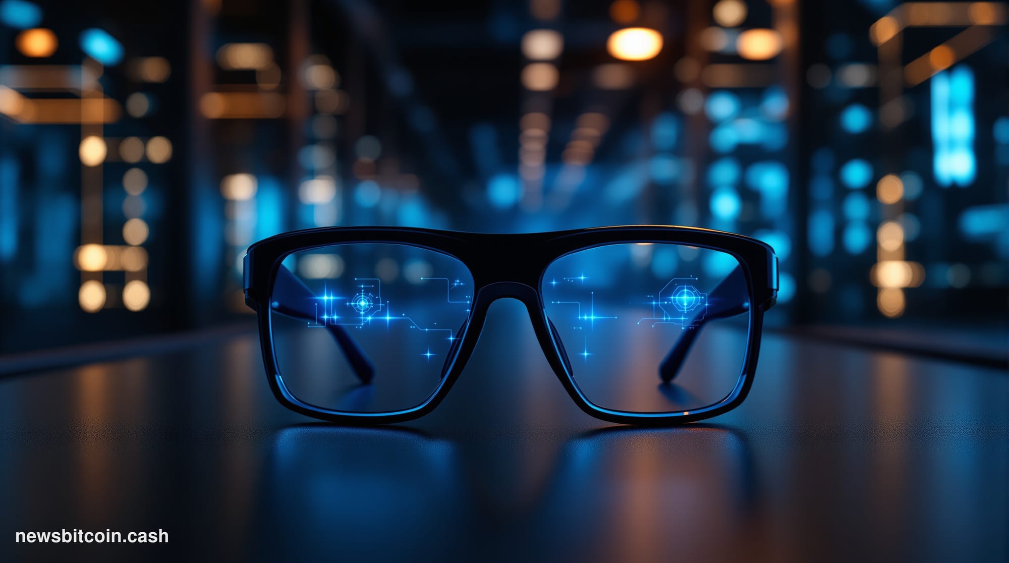 Cinematic photorealistic editorial photograph of a sleek pair of futuristic augmented reality glasses resting on a dark matte