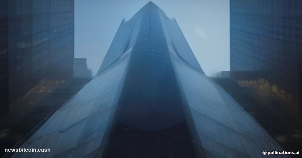 Cinematic photorealistic editorial photograph of a modern fintech corporate headquarters at dusk, shot from a low angle looki