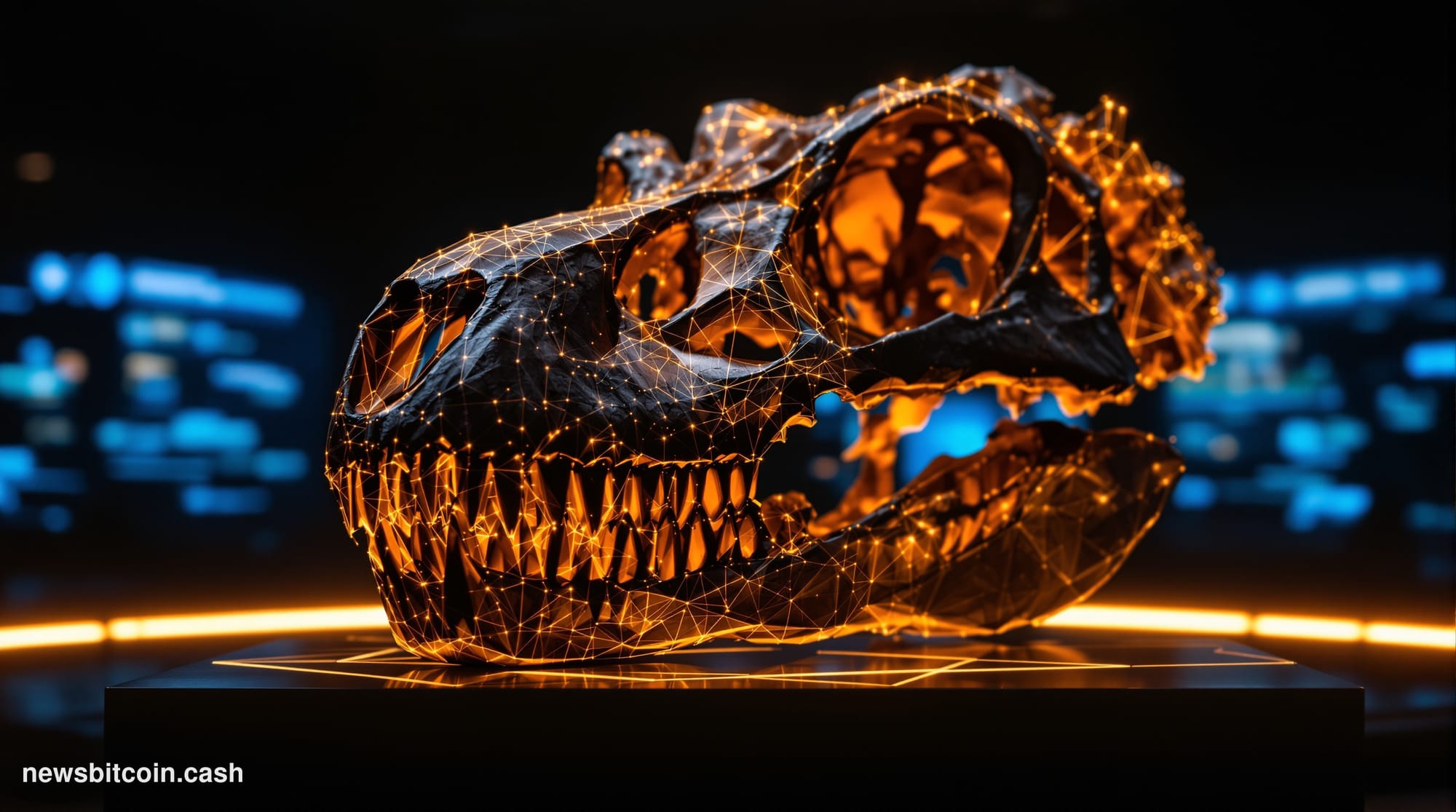 A cinematic photorealistic editorial photograph of a dramatically lit museum-quality dinosaur skull displayed on a sleek blac