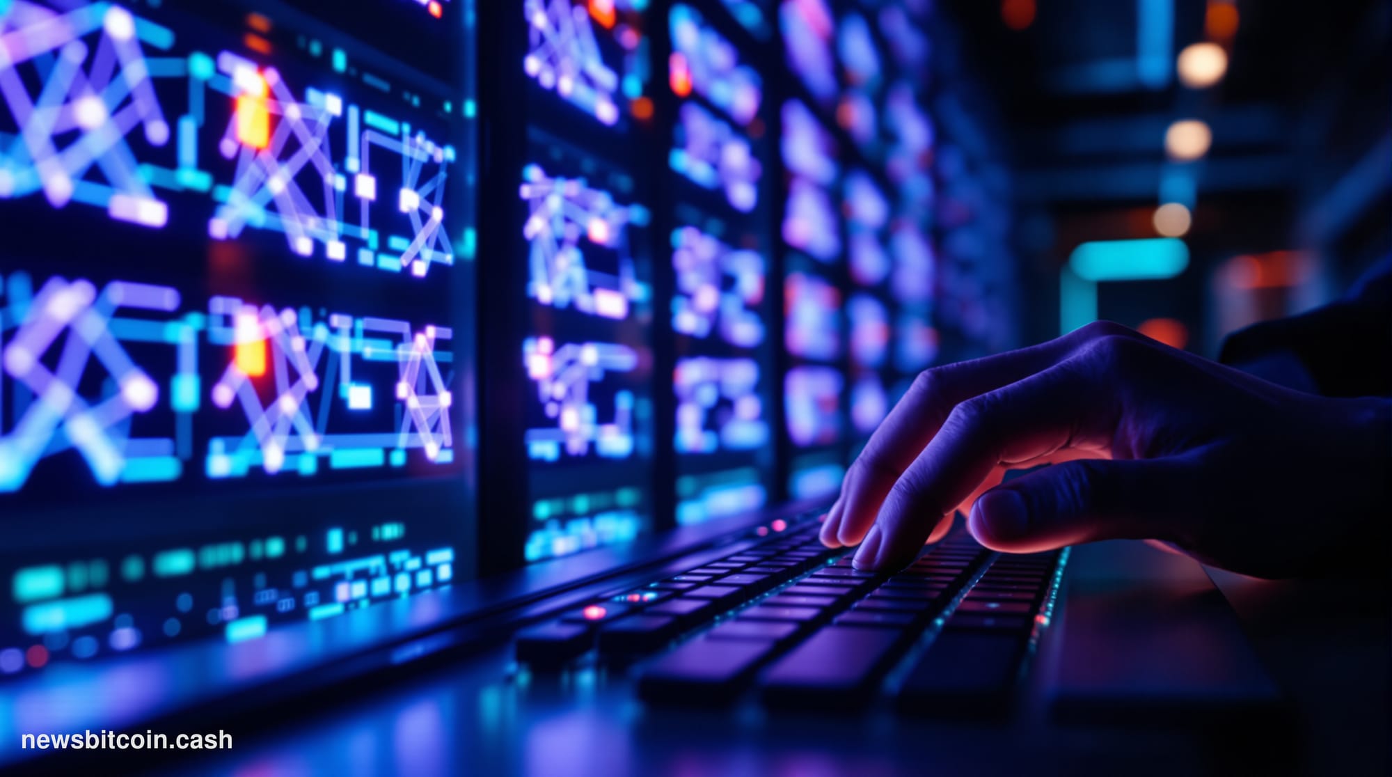 Cinematic photorealistic editorial photograph of a darkened server room bathed in cool blue and amber light, with Solana's di
