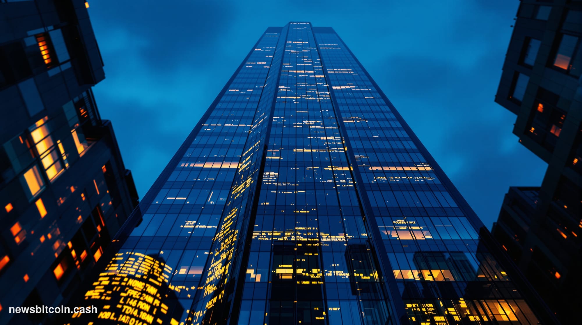 A cinematic photorealistic editorial photograph of S&P Global's imposing Manhattan headquarters at dusk, shot from a low angl