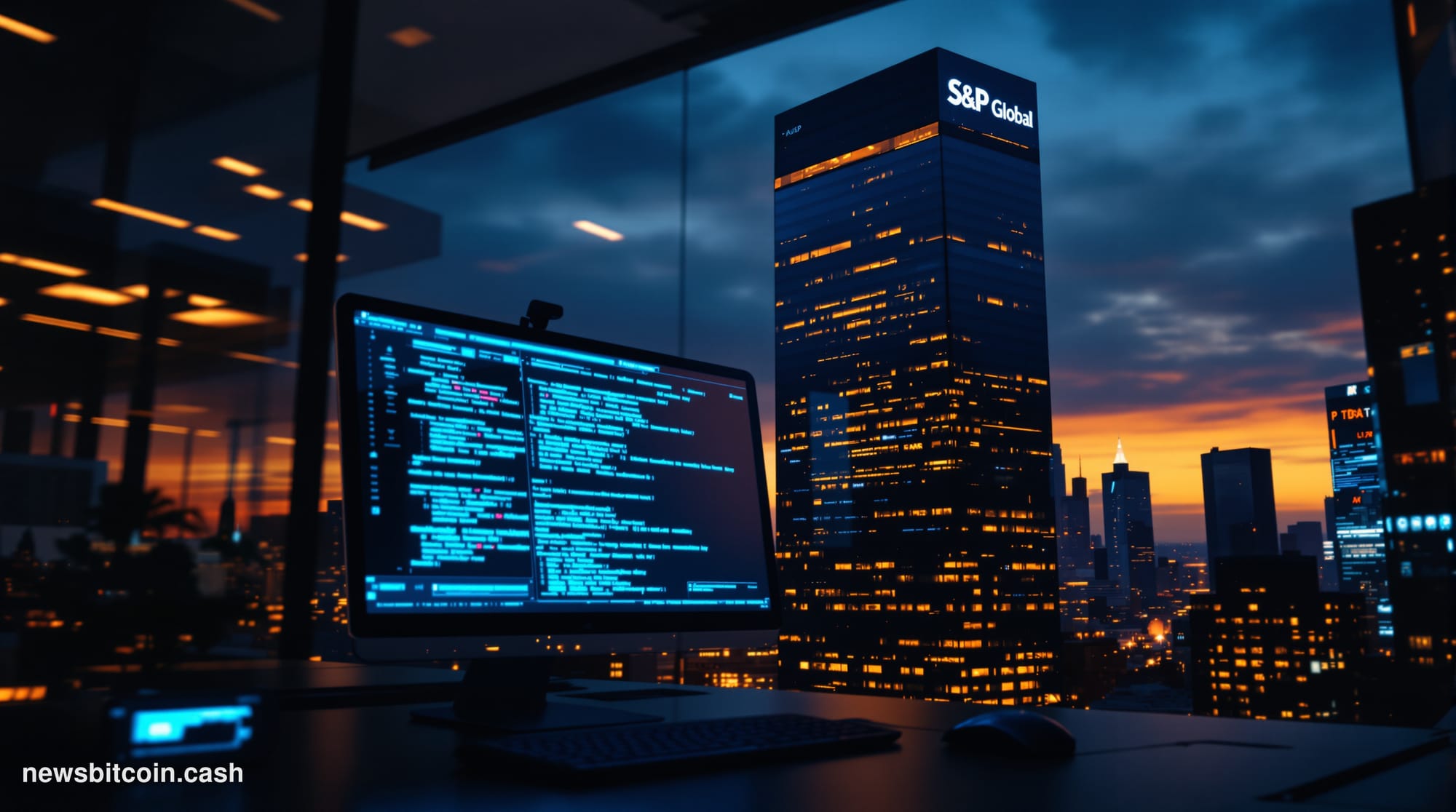 Cinematic photorealistic editorial photograph of S&P Global's sleek Manhattan headquarters tower at dusk, the building's glas
