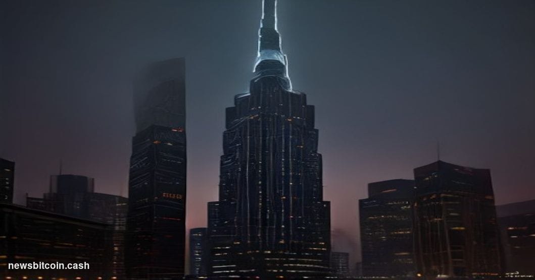 Cinematic photorealistic editorial photograph of Standard Chartered's gleaming Dubai financial district office tower at dusk,