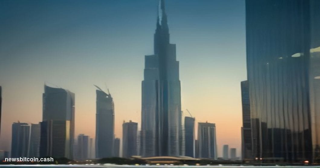 Cinematic photorealistic editorial photograph of the Standard Chartered bank headquarters building in Dubai, UAE, shot at gol