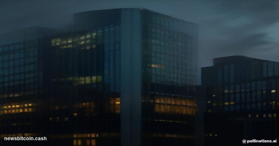 A cinematic photorealistic editorial photograph of Standard Chartered's sleek glass-and-steel banking headquarters in London'