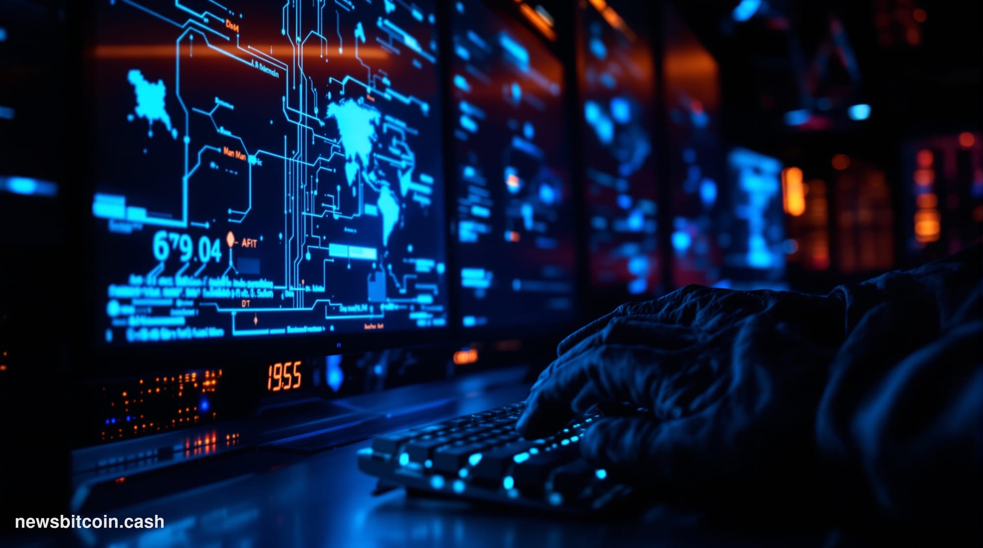 Cinematic photorealistic editorial photograph of a dimly lit server room bathed in deep blue and amber light, with multiple m