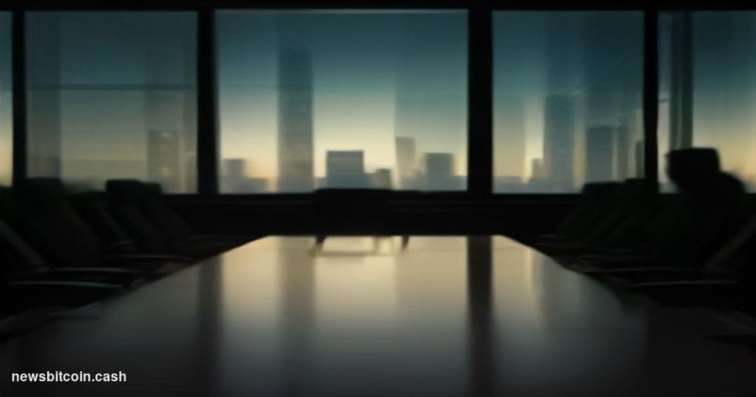 Cinematic photorealistic editorial photograph of a modern corporate boardroom interior, shot from a low angle looking up towa