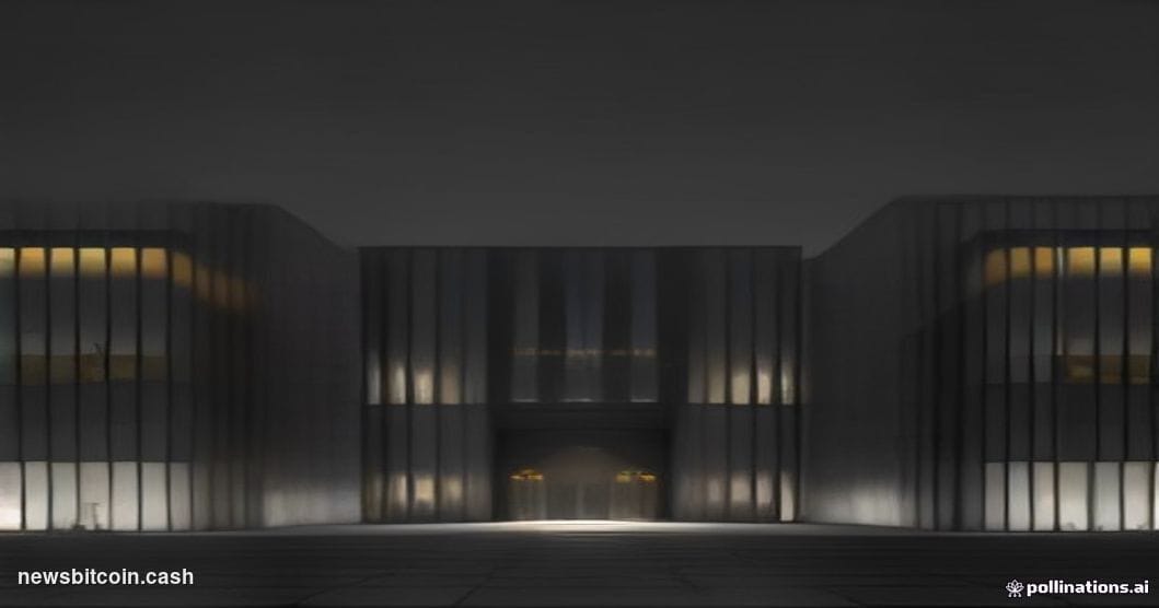 Cinematic photorealistic editorial photograph of a brutalist corporate headquarters exterior at dusk, the building's glass fa