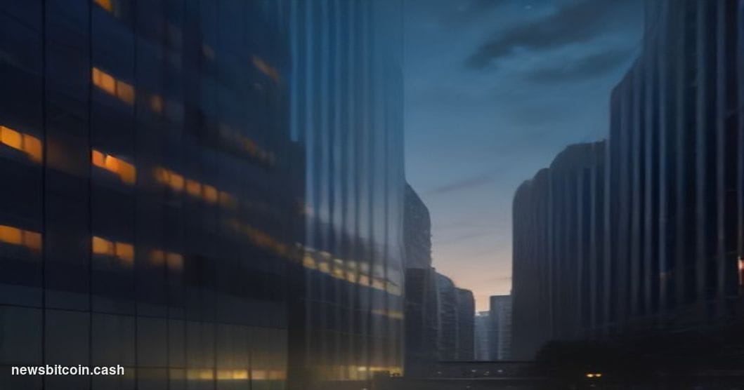 Cinematic photorealistic editorial photograph of a monumental glass-and-steel corporate headquarters at dusk, with the camera