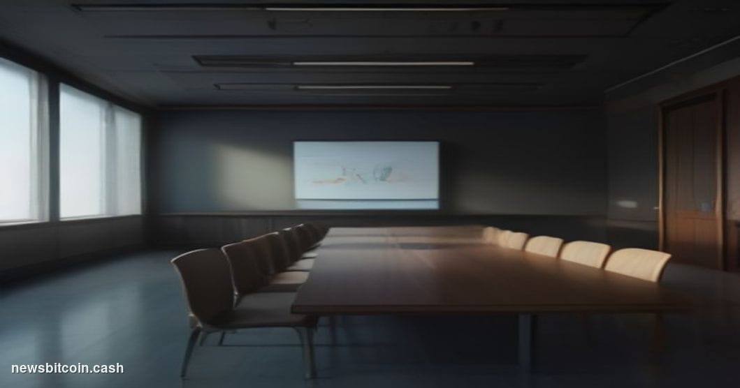 Cinematic photorealistic editorial photograph of a polished corporate boardroom interior bathed in dramatic cool-blue ambient