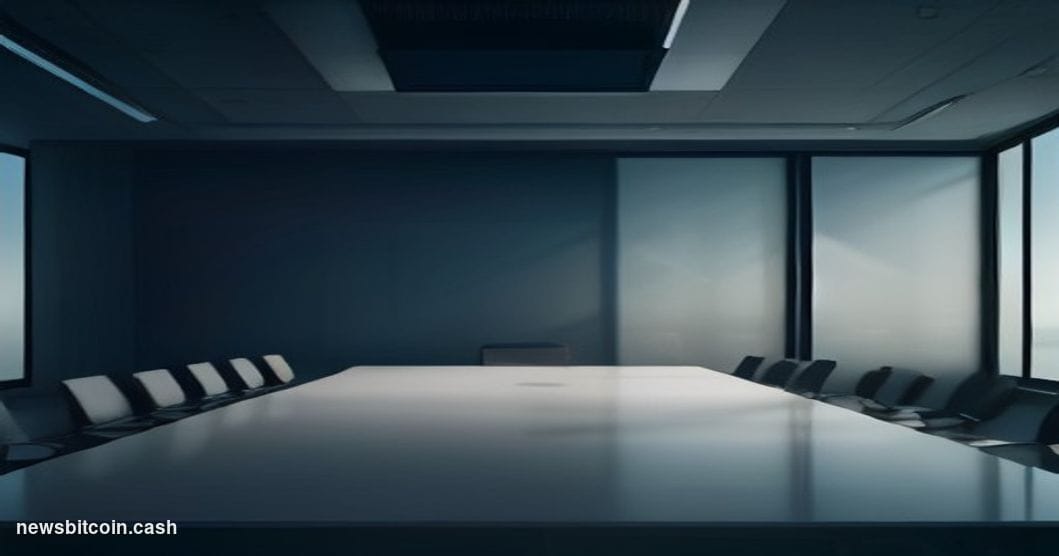 Cinematic photorealistic editorial photograph of a sleek corporate boardroom in a modern glass-and-steel tower, shot from a l