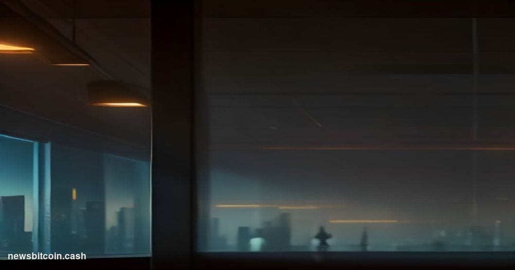 Cinematic photorealistic editorial photograph of a sleek corporate trading floor shot from a low angle, bathed in dramatic am