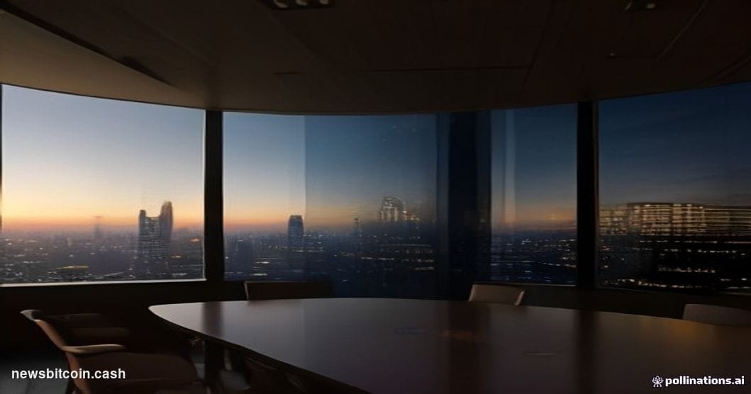 Cinematic photorealistic editorial photograph of a sleek corporate asset management office interior at dusk, with floor-to-ce