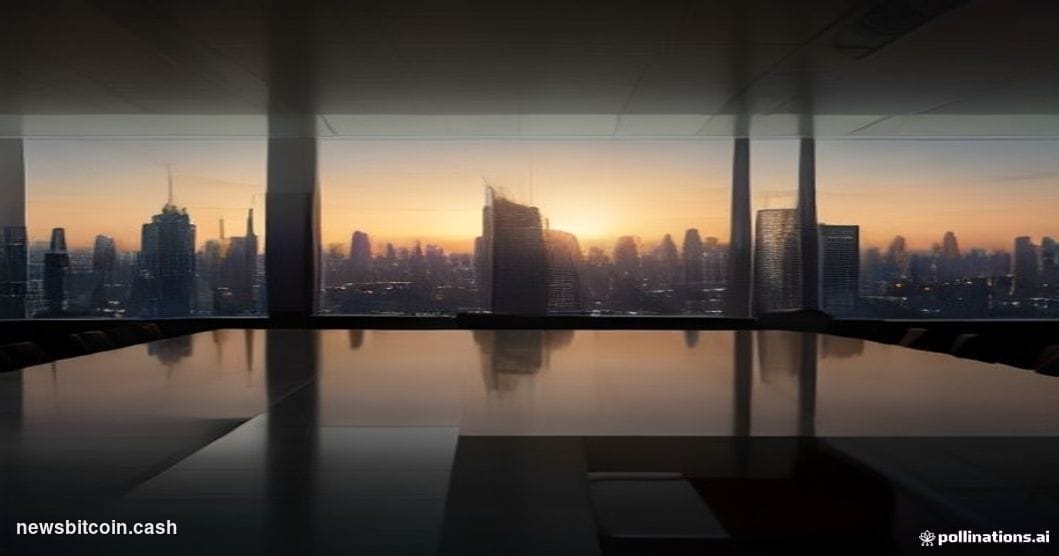 A cinematic photorealistic editorial photograph of a polished executive boardroom with floor-to-ceiling glass windows overloo
