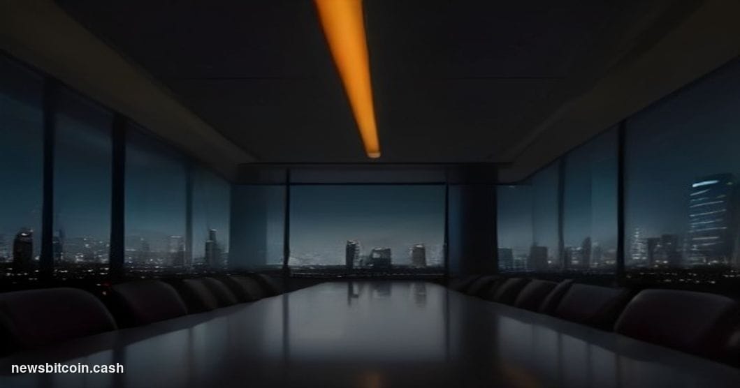 Cinematic photorealistic editorial photograph of a sleek corporate boardroom in a modern high-rise tower, shot from a low ang