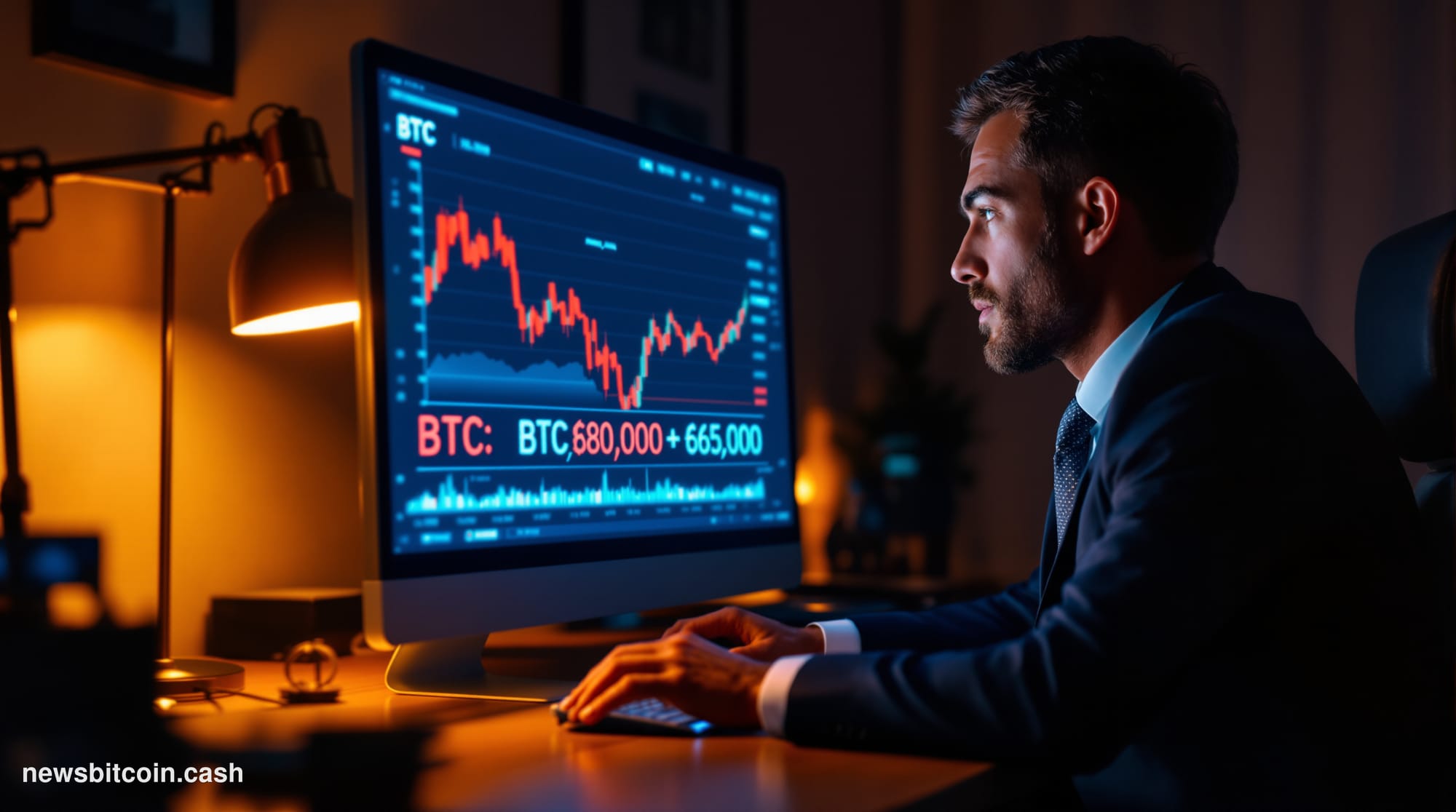 Cinematic photorealistic editorial photograph of a large Bitcoin price ticker display mounted on a dark trading floor, showin