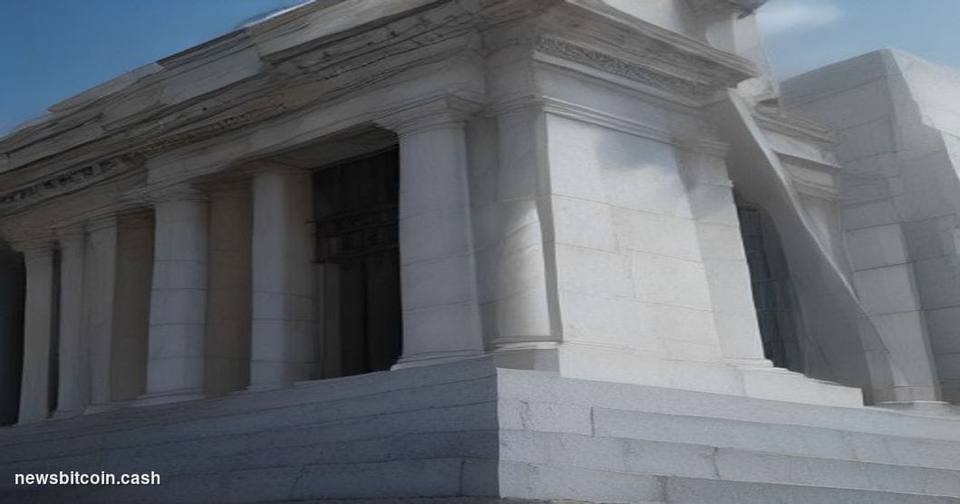 Cinematic photorealistic editorial photograph shot from a low angle looking up at the Federal Reserve's Eccles Building in Wa