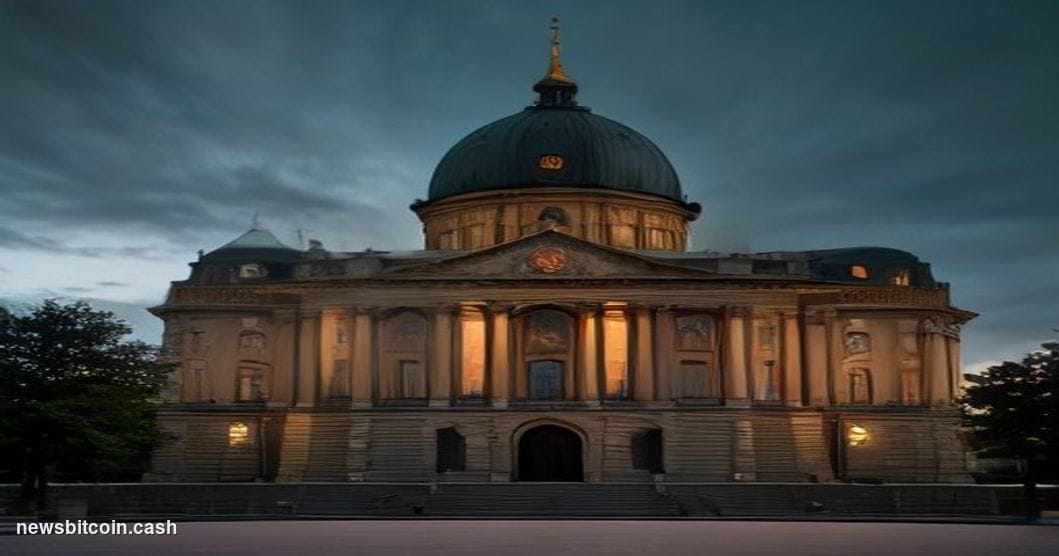A cinematic photorealistic editorial photograph of the Swiss Federal Palace in Bern, its iconic green copper dome illuminated