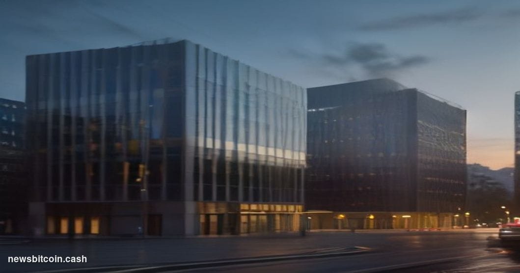 Cinematic photorealistic editorial photograph of the SIX Swiss Exchange headquarters in Zurich, Switzerland, shot at dusk wit