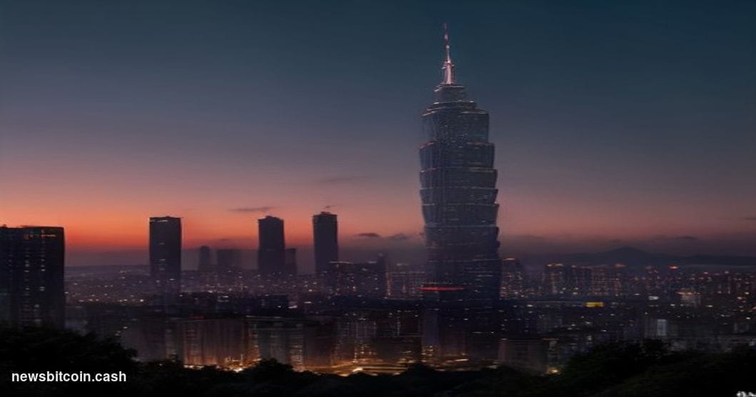 Cinematic photorealistic editorial photograph of Taiwan's Taipei skyline at dusk, with the recognizable Taipei 101 tower risi