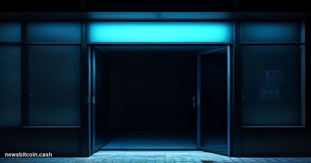 Cinematic photorealistic editorial photograph of a shuttered cryptocurrency exchange office entrance at night, with a glass-d