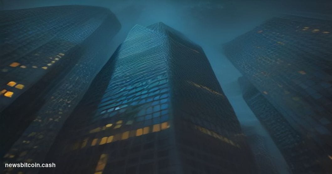Cinematic photorealistic editorial photograph shot at low angle looking up at a sleek modern financial district tower in Lond