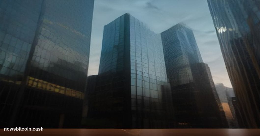 Cinematic photorealistic editorial photograph of a sleek, glass-fronted financial district office tower at dusk in London's C
