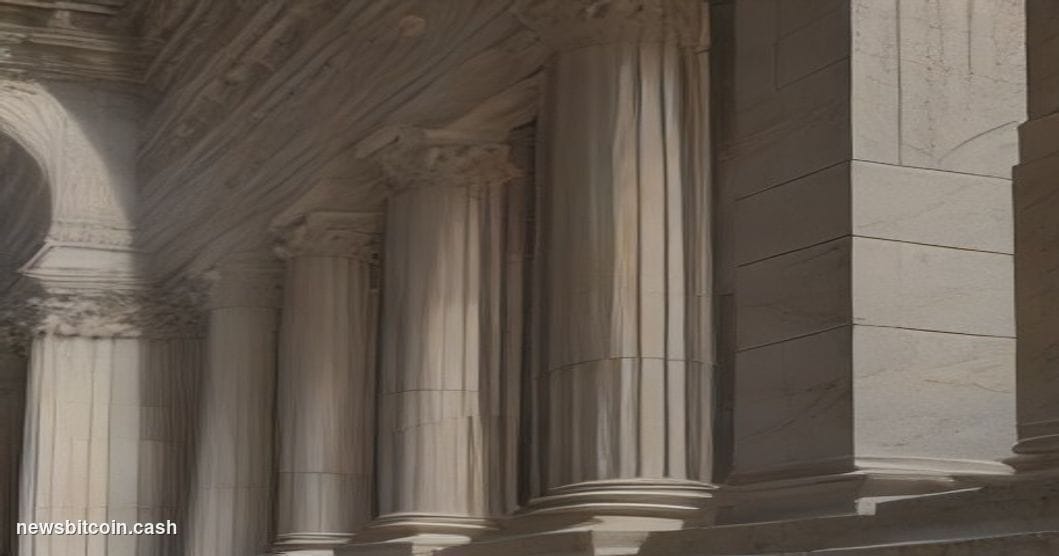 Cinematic photorealistic editorial photograph shot from a low angle looking up at the facade of a Manhattan federal courthous