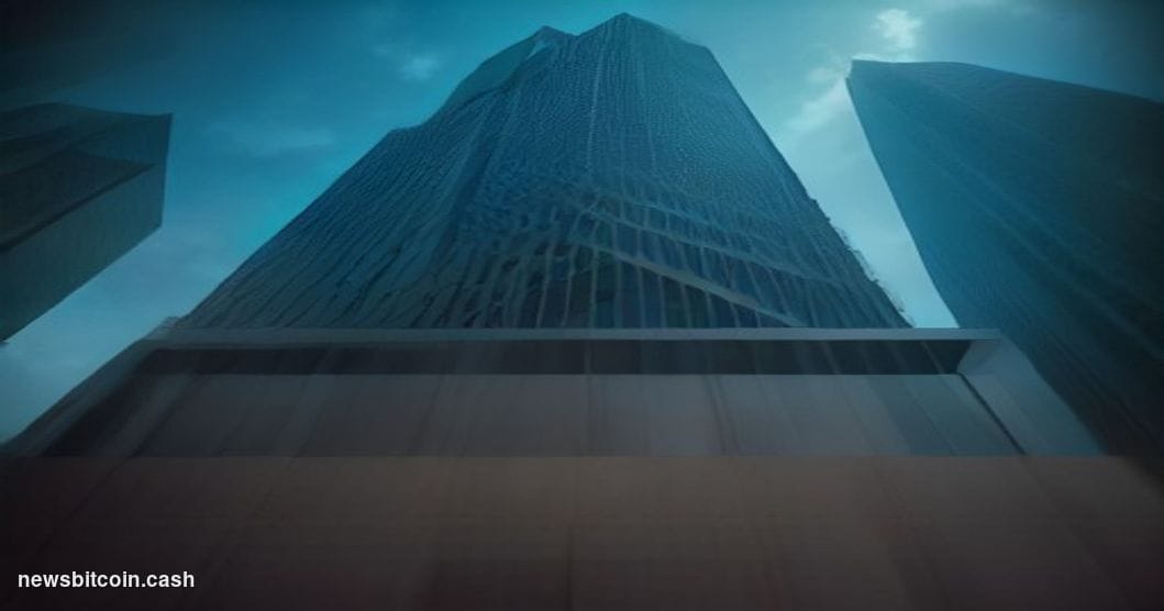 A cinematic photorealistic editorial photograph shot at a low angle looking up at a modern glass-and-steel financial courthou