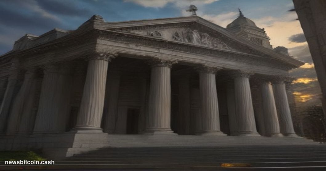 Cinematic photorealistic editorial photograph shot at low angle looking up at a towering courthouse facade with classical sto