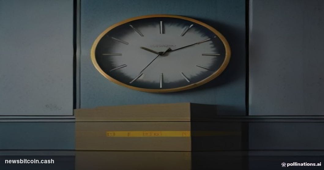 Cinematic photorealistic editorial photograph of a weathered countdown clock mounted on a sleek financial district wall, its 