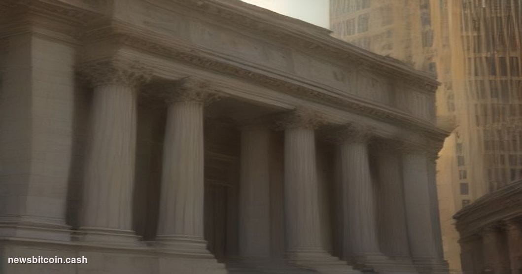 Cinematic photorealistic editorial photograph of the New York Stock Exchange building on Wall Street, shot from a low angle l