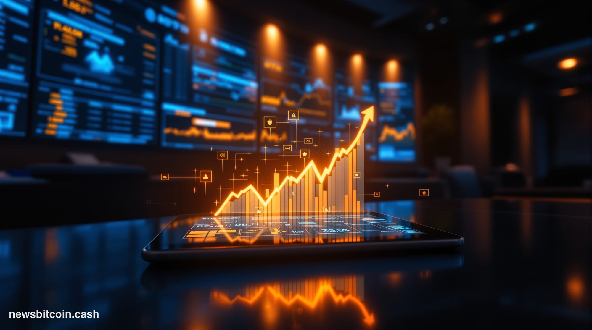 A cinematic photorealistic editorial photograph set inside a dramatically lit financial trading environment, blending traditi