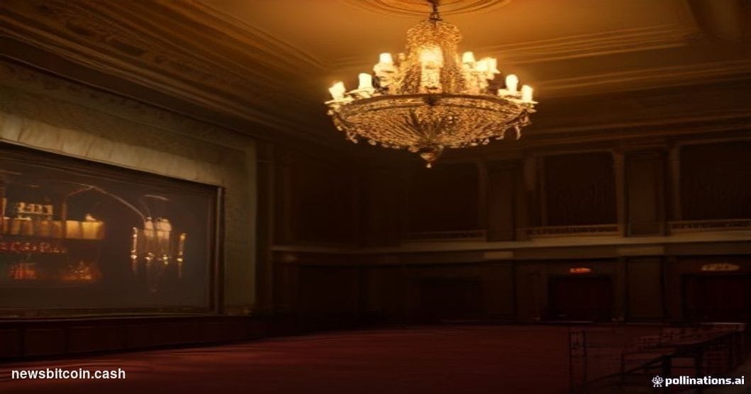 A cinematic photorealistic editorial photograph set inside a grand, dimly lit Geneva financial conference hall, with long mah