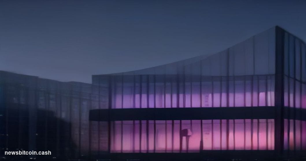 Cinematic photorealistic editorial photograph of a monumental glass-and-steel corporate headquarters at dusk, the building fa