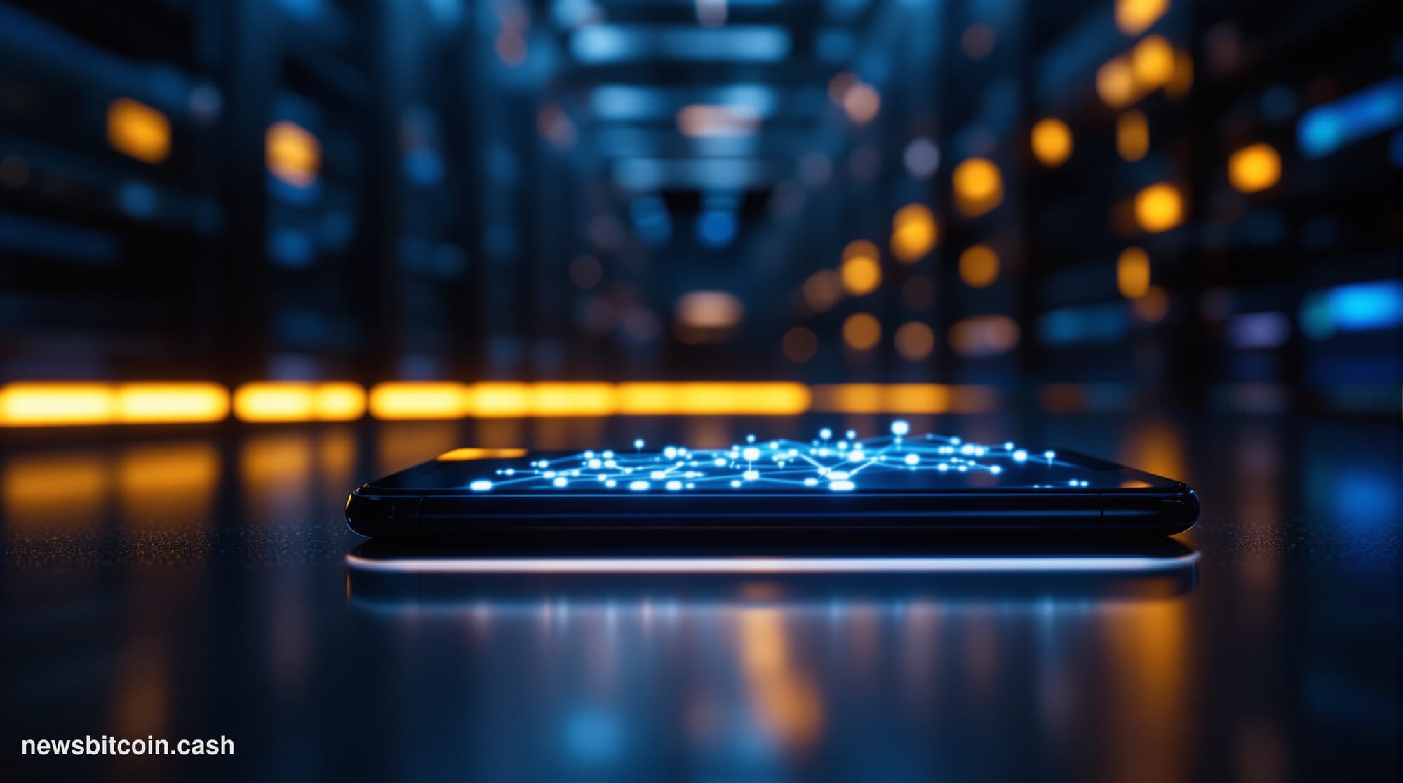 Cinematic photorealistic editorial photograph of a sleek smartphone displayed on a dark polished surface, its screen glowing 