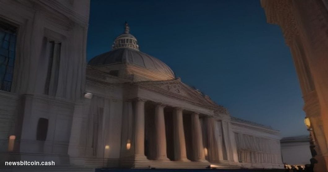 A cinematic photorealistic editorial photograph of the U.S. Treasury Department's neoclassical headquarters building in Washi