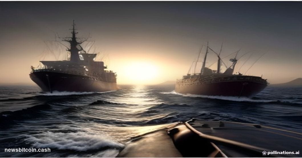 A cinematic photorealistic editorial photograph shot from a low angle at the bow of a massive oil tanker navigating the narro